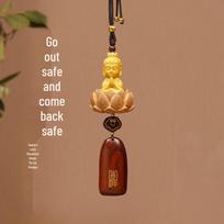 Boxwood Lotus Small Buddha Car Pendant: Safety & Blessings Rearview Mirror Ornament with Carved Guanyin