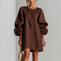 Moteriška lininė mini tunika su apvalia apykakle, pūstomis ilgomis rankovėmis, 3D gėlių rankogaliais, gėlių sagomis, laisvo kirpimo, elegantiška, boho, vasaros paplūdimio vakarėlio trumpa suknelė XXL ruda