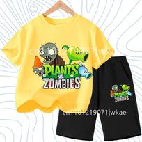 Children's Plants Vs. Zombies Short-Sleeved T-Shirt Set Cotton Summer Fashion Comfortable Top+pants for Boys and Girls 130 yellow