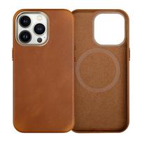 Genuine Leather IPhone 14 13 Pro Max Case With Magnetic Snap Handmade Crazy Horse Texture Back Cover For iPhone 13 brown