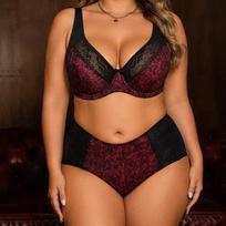 Plus Size Underwire Full Cup Bra & Mid‑waist Briefs Set Floral Lace Patchwork Women Lingerie Set Adjustable Shoulder Straps 110D brown