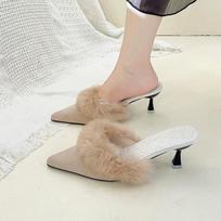 Fashion Pointed Toe Fur Women Slippers Mid Heels Elegant Shoes Woman 2025 Trend New Flip Flops Autumn Luxury Party Pumps Mujer Slides 37