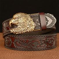 Men's Belt Leather Belt Men's Carved Pattern Gold Self Buckle Belt for Jeans 110cm beige