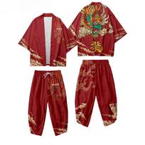 Nacionalinio stiliaus gervės kardiganas-apsiaustas kostiumas 3D spausdintas drakono totemas Ukiyo-e katė Devynių taškų kelnės Kimono chalatas XXL brown
