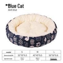 Cozy Cotton Linen Cat Bed - Warm, Easy-to-Clean, Printed Round Nest for Kittens Blue Cat white