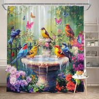 Sodo Dušo Užuolaida 180X180Cm – Kaimiškas Fontanas Su Paukščiais Ir Drugeliais, Gėlių Vonios Dekoras, 12 Kabliukų W60H190(CM)-1 Pcs gray