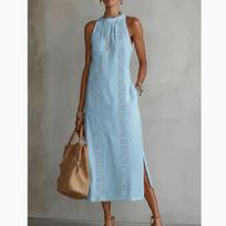 Summer Halter Sleeveless Midi Dress,Linen Lace Panel Side Slit Dress with Pockets, Solid Loose Casual Boho Breathable Beach Ladies Long Sundress M