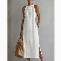 Summer Halter Sleeveless Midi Dress,Linen Lace Panel Side Slit Dress with Pockets, Solid Loose Casual Boho Breathable Beach Ladies Long Sundress XXL