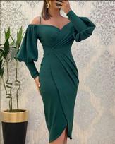 Women's Off Shoulder Midi Dress V Neck Wrap Front Puff Long Sleeve Ruched Waist Bodycon Elegant Party Dress S