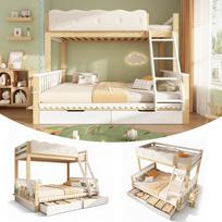 Children's Bunk Bed 90x200/140x200 cm with Cloud Railing, Drawers & Magazine Rack, Family Bed for Children, EN 747:2024, White & Oak, Without Mattress 204 x 145 x 154 cm