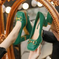 Women Summer Mid Heel Sandals French Style Back High Heeled Thick Heel Square Toe Fashion Shoes 36