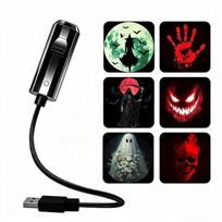 Helovino kaukolės LED projektoriaus šviestuvas, maitinamas per USB, 360° besisukanti vaiduoklio naktinė lempa šeimos vakarėliui, kiemo dekoravimui A2