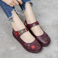 Women Spring Summer Leather Sandals Flat Round Toe Hollow Out Elderly Soft Sole Comfortable Shoes 42 violetinė