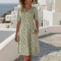 2026 European & American Floral V-neck Midi Dress for Women - Short Sleeve Summer Wear S