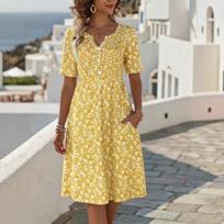 2026 European & American Floral V-neck Midi Dress for Women - Short Sleeve Summer Wear S