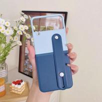 For Samsung Galaxy Z Flip 4 3 Case Luxury Contrasting Colors Leather Retractable Wrist Strap Folding Shockproof Protection Cover For Samsung Z Flip 3 mėlyna