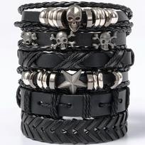 Hip Hop Vyriška Odinė Apyrankė Gotikinė Punk Kaukolės Karoliukų Papuošalas Juoda Kombinacija Rankomis Austa Gatvės Papuošalų Aksesuarai Leather Bracelet Set black
