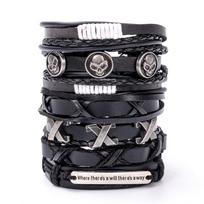 Hip Hop Vyriška Odinė Apyrankė Gotikinė Punk Kaukolės Karoliukų Papuošalas Juoda Kombinacija Rankomis Austa Gatvės Papuošalų Aksesuarai Leather Bracelet Set gray