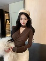 Women's Spicy V-Neck Hollow Turtleneck Long Sleeve Waist-Cinching Top M ruda