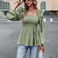 Women's Autumn Winter Square Neck Puff Sleeve Edible Tree Fungus Solid Color Shirt Blouses Temperament Commuter Tie Top M žalia