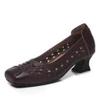 Johnature Vintage Woven Genuine Leather Color Spliced Mid Heeled Women's Shoes Breathable Square Toe Pumps 37 black