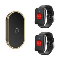 Vyresnio amžiaus žmonių belaidis durų skambutis-apyrankė SOS - Ilgo nuotolio, didelio garsumo, sienas pramušantis, skirtas tarpvalstybinei elektroninei prekybai 2 Wristband Buttons + 1 Receiver (Black-Gold)