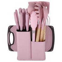 19 dalių silikoninių virtuvės įrankių rinkinys su nelimpančiais menteliais, karščiui atspariais įrankiais, PP rankenomis, 6 spalvų 19 pcs set 1300g rausva
