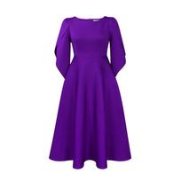 Women's Round Neck Three Quarter Sleeve Midi Dress Loose Fit High Waist Elegant Flared Swing Dress Solid Polyester Fabric M