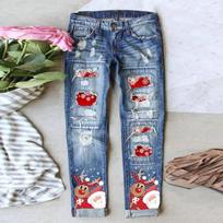 Women's Mid Rise Straight Leg Jeans Ripped Patchwork Santa Reindeer Print Streetwear Denim Trousers For Winter S gray