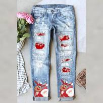 Women's Mid Rise Straight Leg Jeans Ripped Patchwork Santa Reindeer Print Streetwear Denim Trousers For Winter 2XL gray