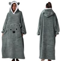 Nešiojama pledinė suknelė-megztinis moterims, ilgomis rankovėmis, oversized chalatai, šiltas, jaukus, milžiniškas gobtuvas, flaneliniai pledai su kišene, moteriškas žiemos gobtuvas, chalatas One size gray