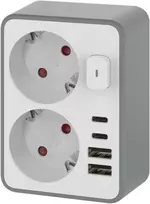 Orno Rozgałęźnik 2x 2P+Z, Schuko, su įkrovikliu 2x USB-A + 2x USB-C, maks. 3,4 A, 17 W, balta ir pilka