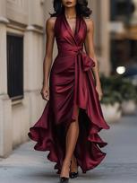 Women's Sleeveless Wrap Maxi Dress V Neck Mid Rise Elegant Asymmetric High Low Party Dress M