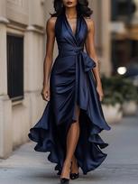 Women's Sleeveless Wrap Maxi Dress V Neck Mid Rise Elegant Asymmetric High Low Party Dress XL