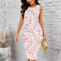 Women Plus Size Crew Neck Sleeveless Midi Dress Navy Blue Gradient Scattered White Flower Print Bodycon Dress S