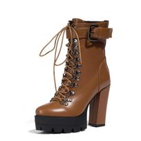 Women's Gothic Platform High-Heeled Mid-Calf Motorcycle Boots, Chunky Sole Leather Boots, Large Sizes Available 38 black