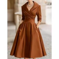 Women Elegant Formal Midi Dress, Lapel Collar 3/4 Sleeve Wrap V‑Neck Dress, High Waist Pleated A‑Line Swing Dress With Pockets For Wedding Guest Party 2XL
