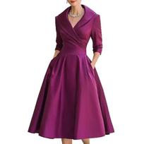 Women Elegant Formal Midi Dress, Lapel Collar 3/4 Sleeve Wrap V‑Neck Dress, High Waist Pleated A‑Line Swing Dress With Pockets For Wedding Guest Party 3XL blue