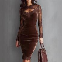 Women Sexy Velvet Bodycon Midi Dress, Lace Patchwork Long Sleeve Dress, Hollow V‑Neck Scalloped Trim High‑Waist Sheer Cocktail Party Pencil Dress L