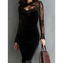 Women Sexy Velvet Bodycon Midi Dress, Lace Patchwork Long Sleeve Dress, Hollow V‑Neck Scalloped Trim High‑Waist Sheer Cocktail Party Pencil Dress XXL juoda