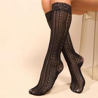 Women'S Lace Mid-Calf Stockings Fashionable Lace Patchwork Knee-High Stockings With Cutout Calves black