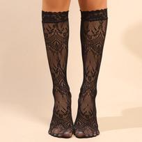 Women'S Lace Mid-Calf Stockings Fashionable Lace Patchwork Knee-High Stockings With Cutout Calves beige