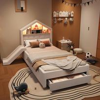 Kids' Bed 90x200 cm in Beige, Upholstered House Bed with Slide Mountable Left/Right, LED Lighting, Charging Port, Headboard and Large Drawer 214 x 156 x 114.5 cm smėlis