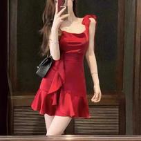 GMXIA Spice Girls Red Halter Dress Women's Summer Design with A Niche Temperament Waist Slimming Skirt XL brown