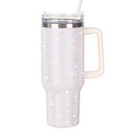 Deimantais inkrustuotas Deimantinis Termo Sidabrinis Vandens Puodelis Starbucks Puodelis Automobilio Rankenos Puodelis 304 Plienas Biurui Namams 1200ml balta