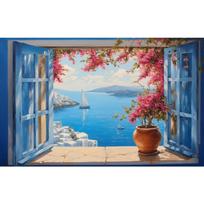 Atidarytas langas Santorinio sala Laivas Egėjo jūra Sienos meno plakatas Spaudinys Graikija Drobės tapyba svetainei Namų dekoravimas 70cm×120cm NoFrame
