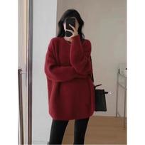 Autumn and Winter Pullover Women Medium and Long Sweater Fashion Loose Office Knitted Bottoming Shirt Solid Color O Neck Long Sleeve Casual Simple Top One size raudona