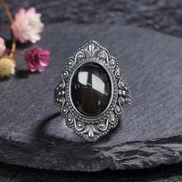 Vintažinis 925 svarų sterlingų sidabro žiedas Natūralaus juodo onikso žiedas Ovalus apvalus akmuo Retro smulkūs papuošalai Dovana Saulės formos Moterims Vyrams 10 black