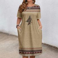 Plus Size Bohemian Summer Mid-Length Skirt Dress with Pockets 4XL beige
