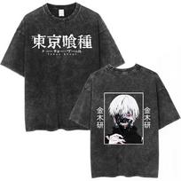 Skalbti vintažiniai anime Tokyo Ghoul Hrizantemos grafikos marškinėliai Manga Kaneki Ken spaudiniai T-shirt vyrams moterims Retro per dideli marškinėliai M gray